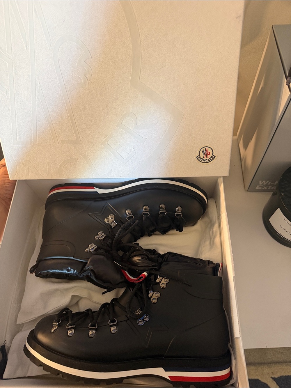 Moncler Black rubber Men's Henoc puffer Boots with Tricolor Trim